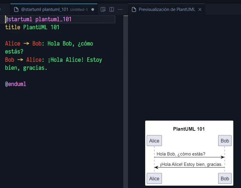 PlantUML en VS Code: Código y vista previa